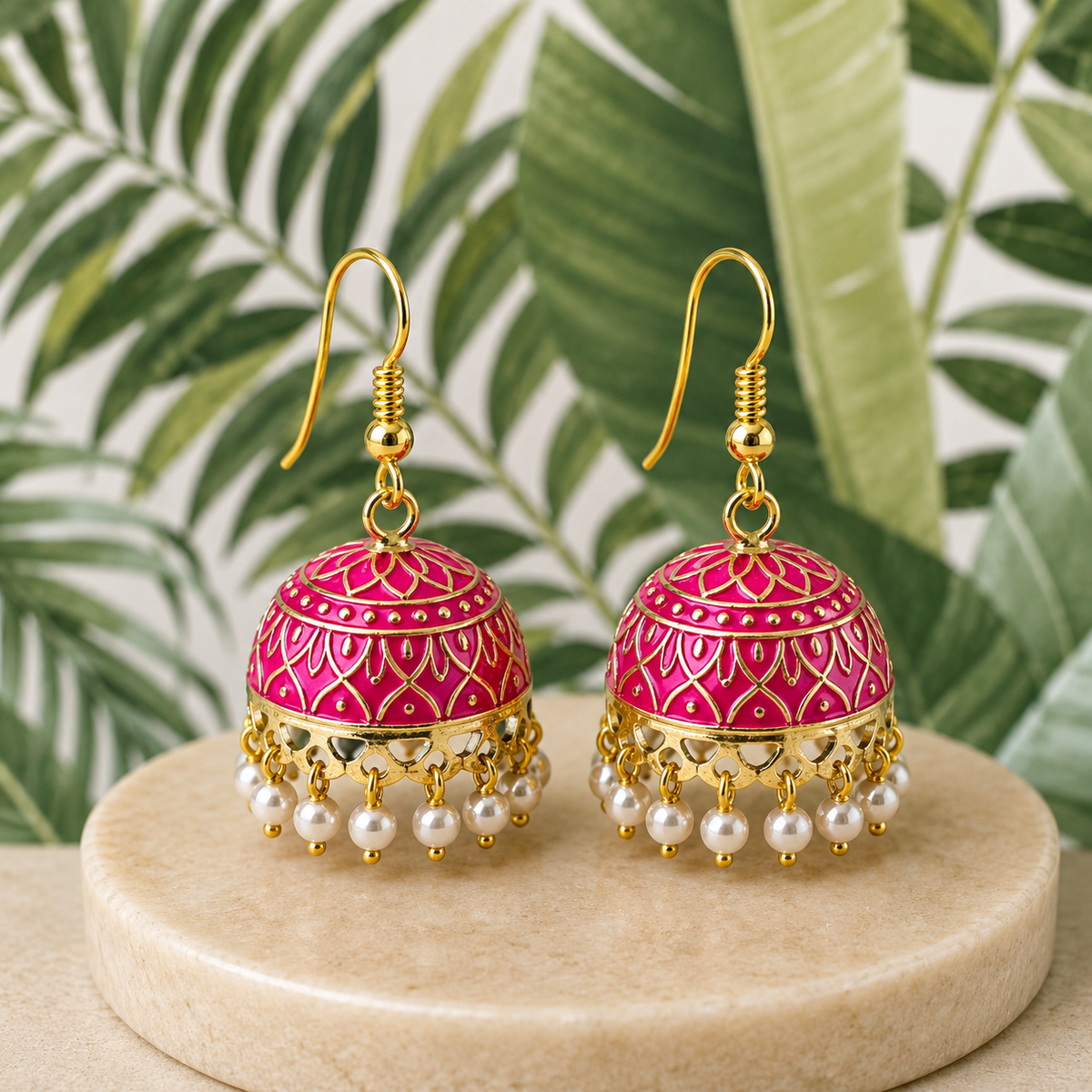 Classic Hot pink Hand Painted Jhumka Hook Dangle Earring