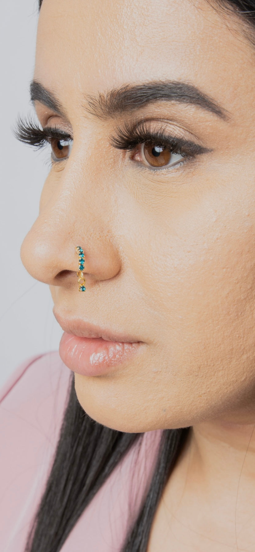 5 Stone Teal Dangle Gold Nose Ring For Pierced Nose