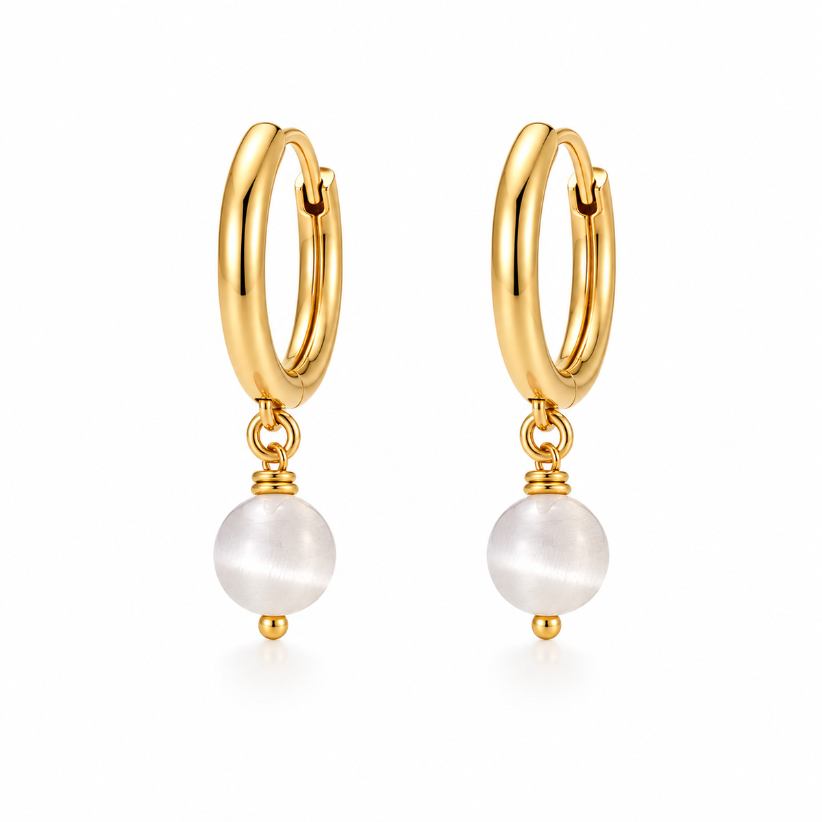 White Round Monalisa Bead Gold Hoop Earrings