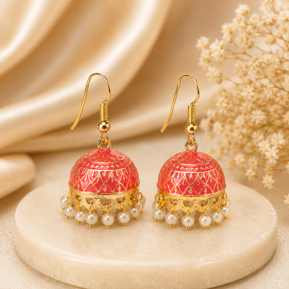 Classic Peach Hand Painted Jhumka Hook Dangle Earring