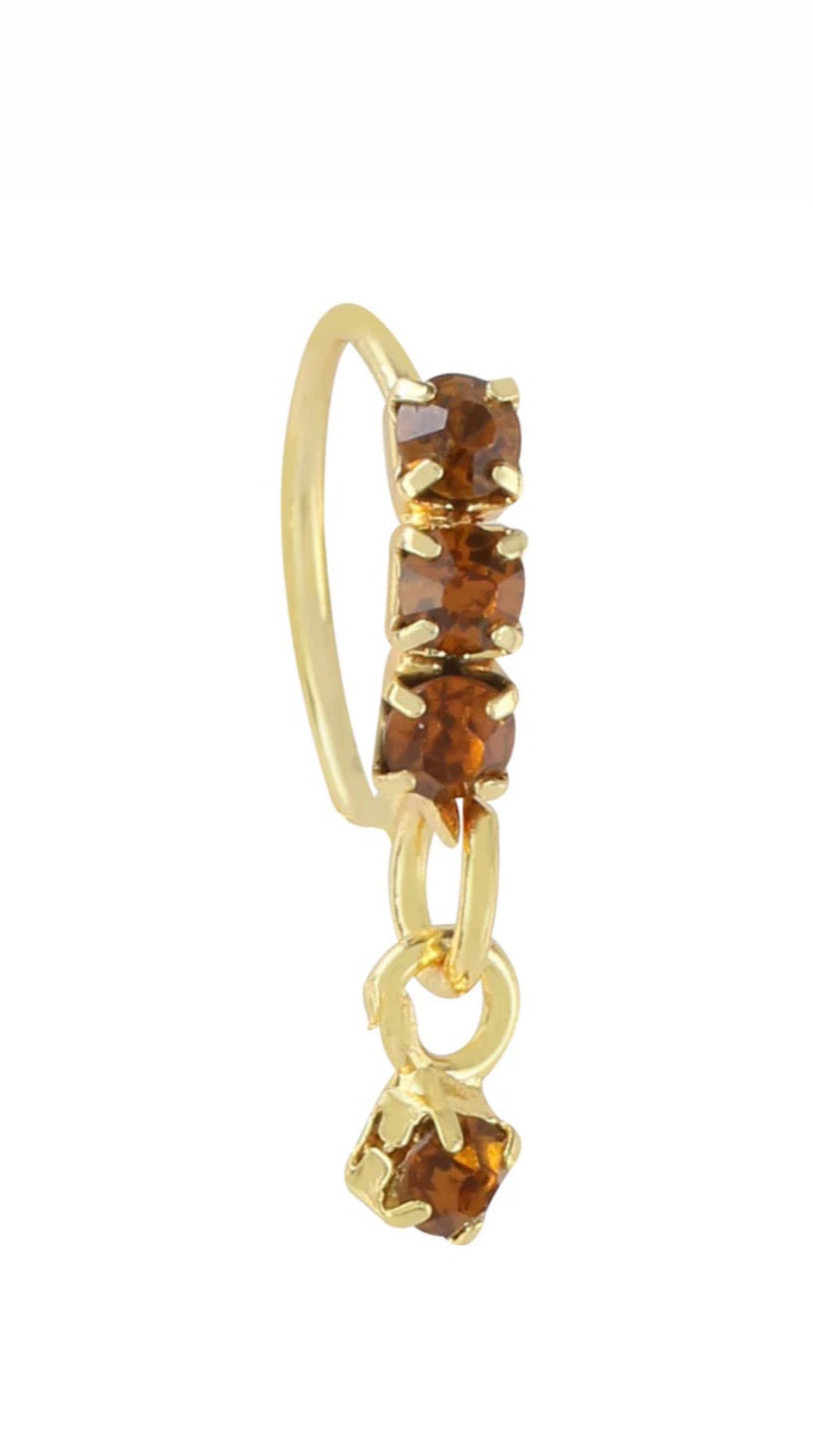 Brown Thick 3 Stone Gold Dangle Nose Ring For a Pierced Nose