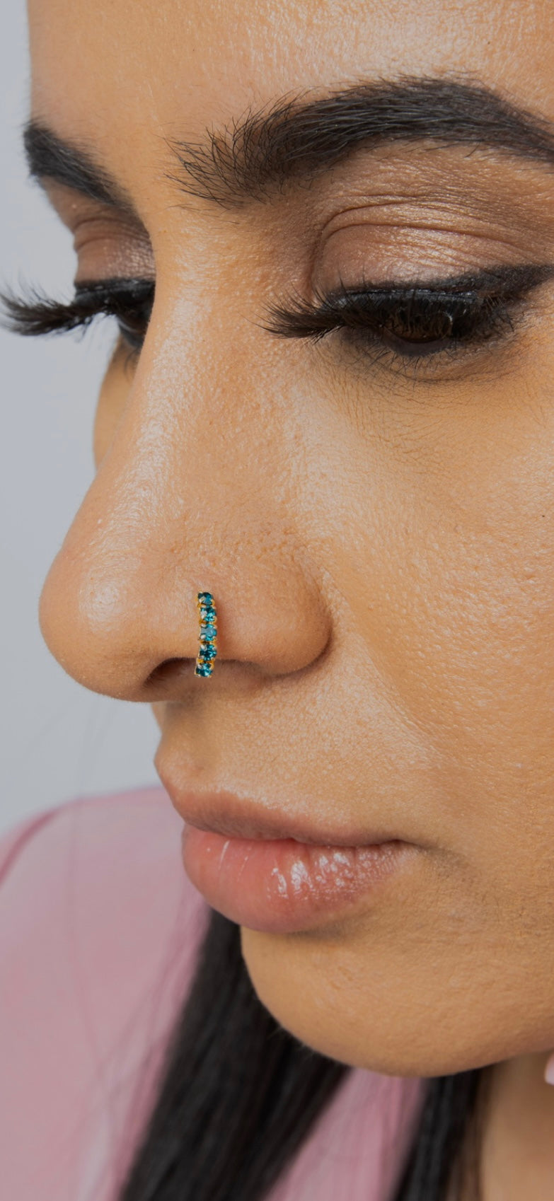 5 Stone Teal Gold Nose Ring For Non Pierced And Pierced Nose