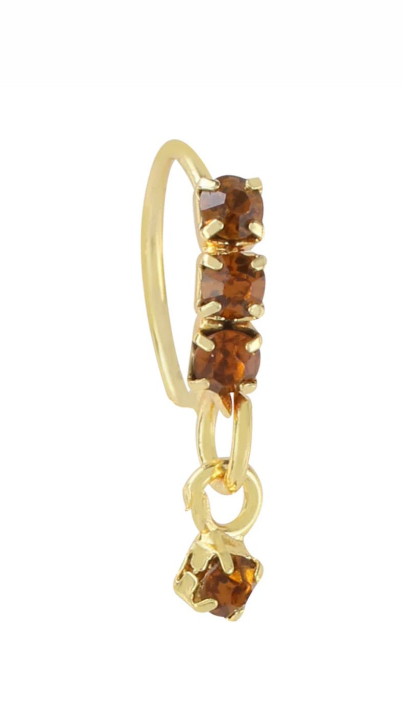 Brown Thick 3 Stone Gold Dangle Nose Ring For a Pierced Nose