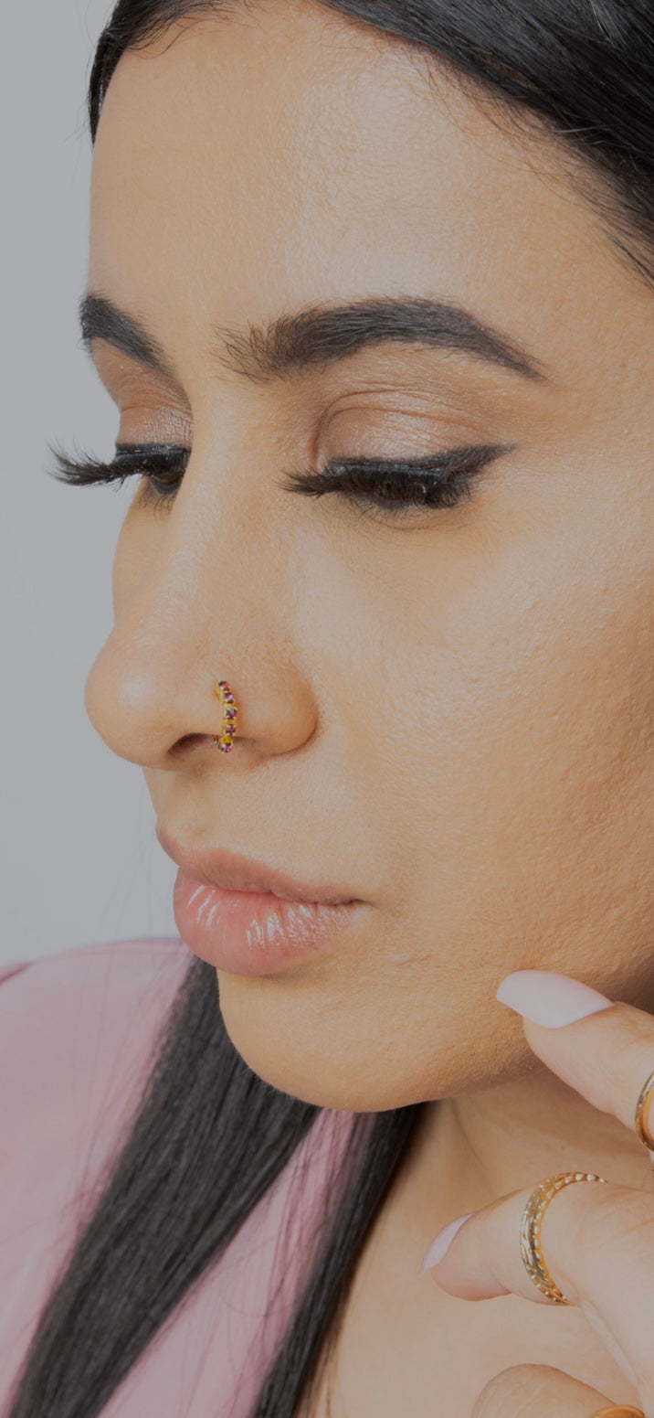 5 Stone Light Purple Gold Nose Ring for pierced & non pierced nose