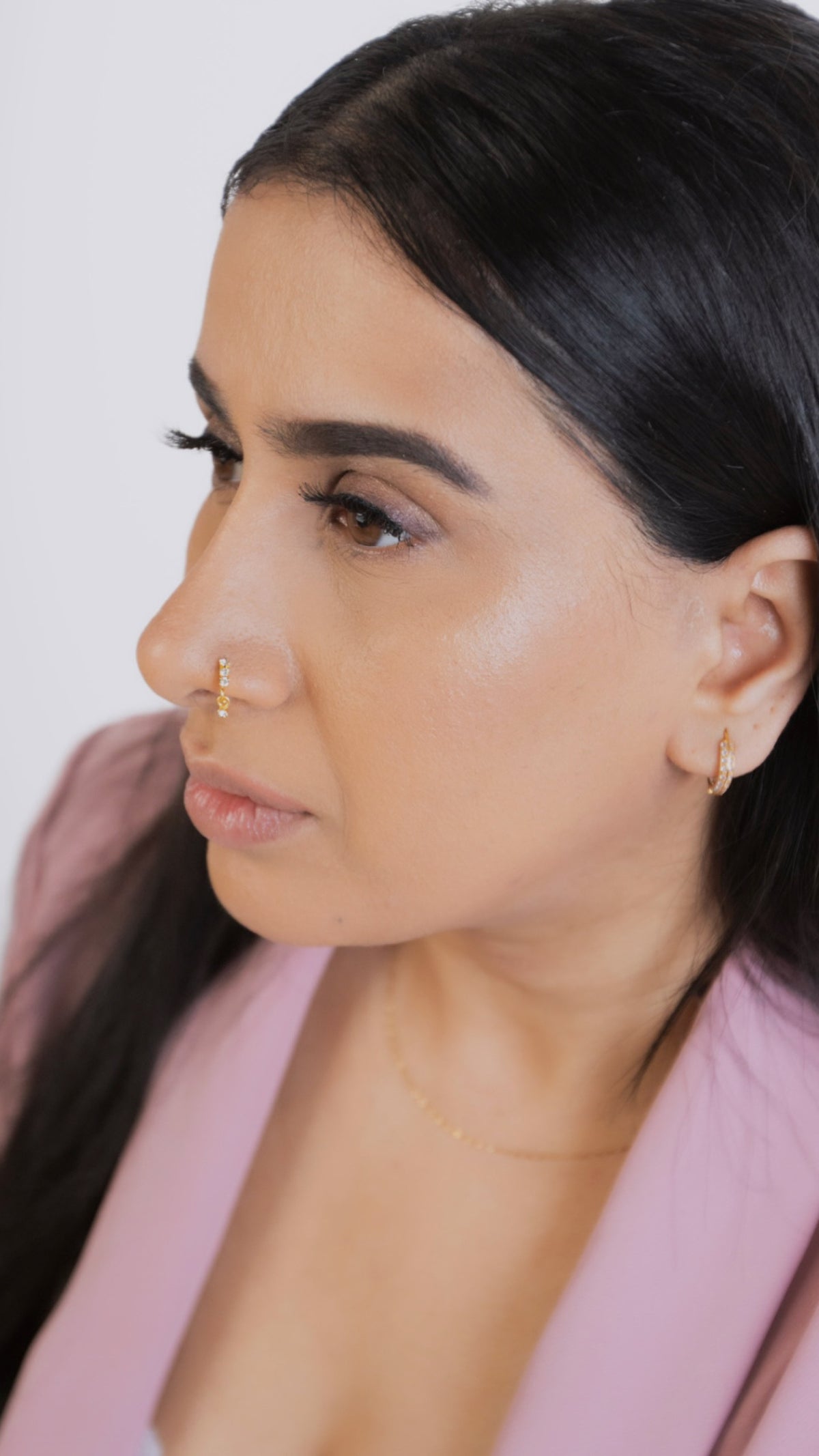 3 Stone Gold Dangle Nose Ring For a Pierced Nose