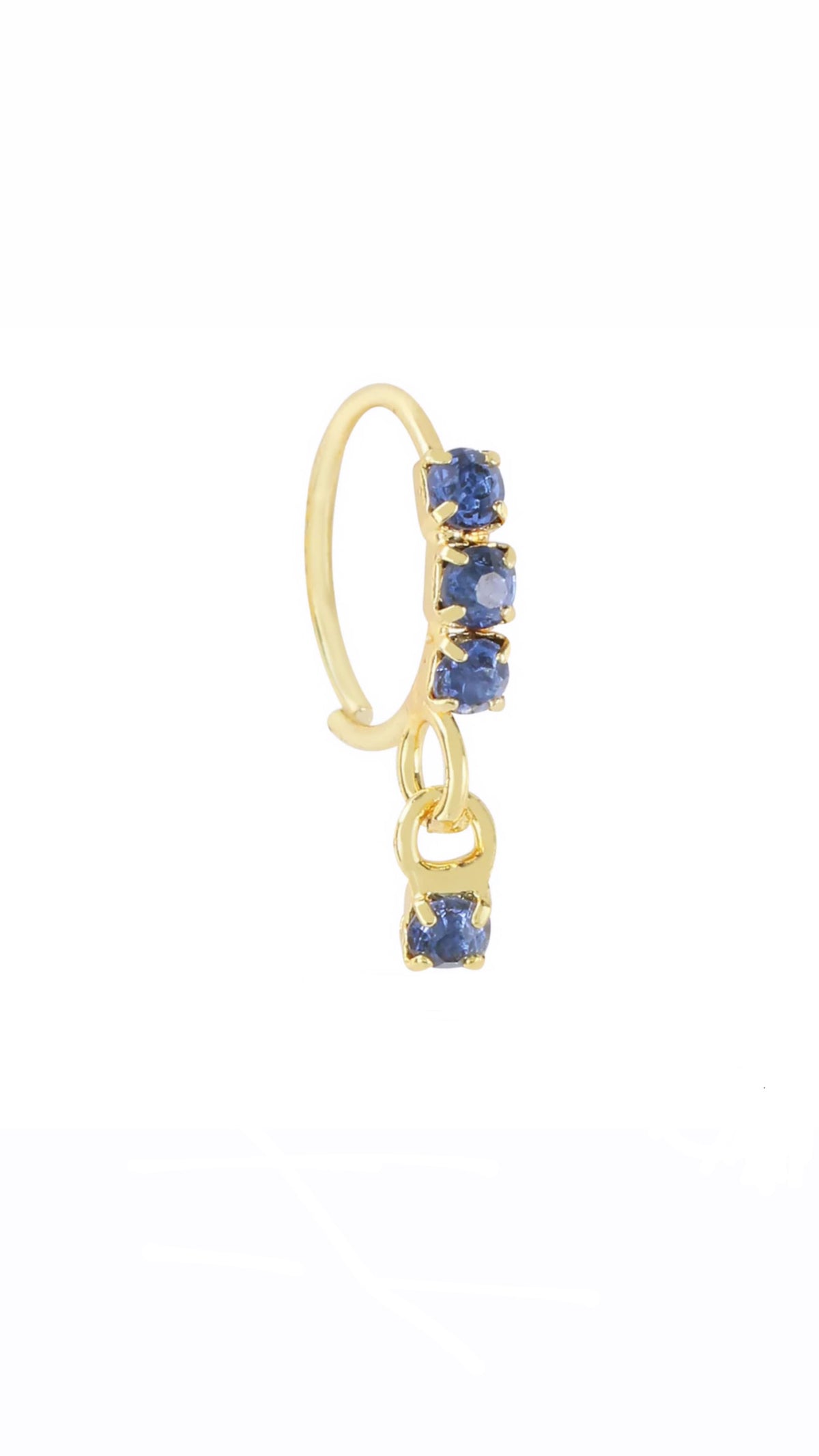 Dark Blue Thick 3 Stone Gold Dangle Nose Ring For a Pierced Nose