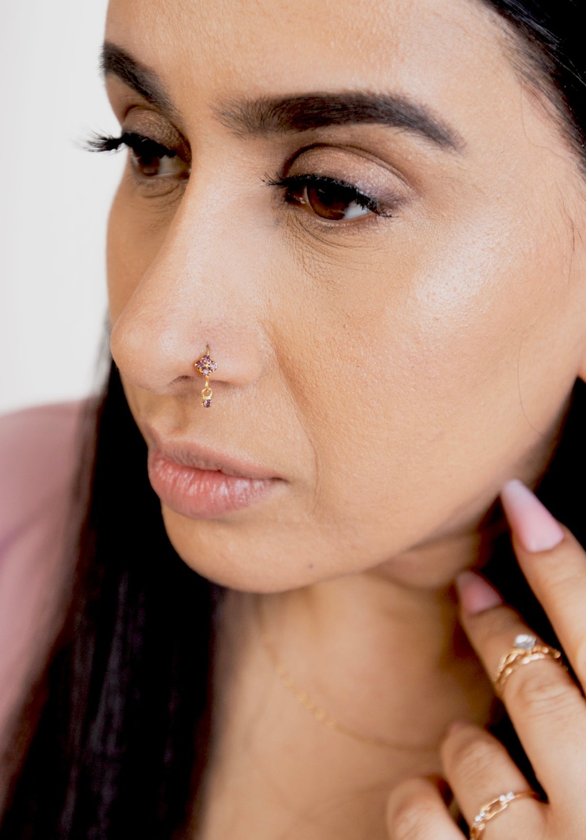 Purple Square Small Gem Dangle Nose Ring For Pierced Nose