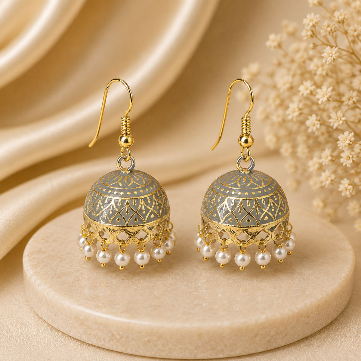 Classic Grey Hand Painted Jhumka Hook Dangle Earring