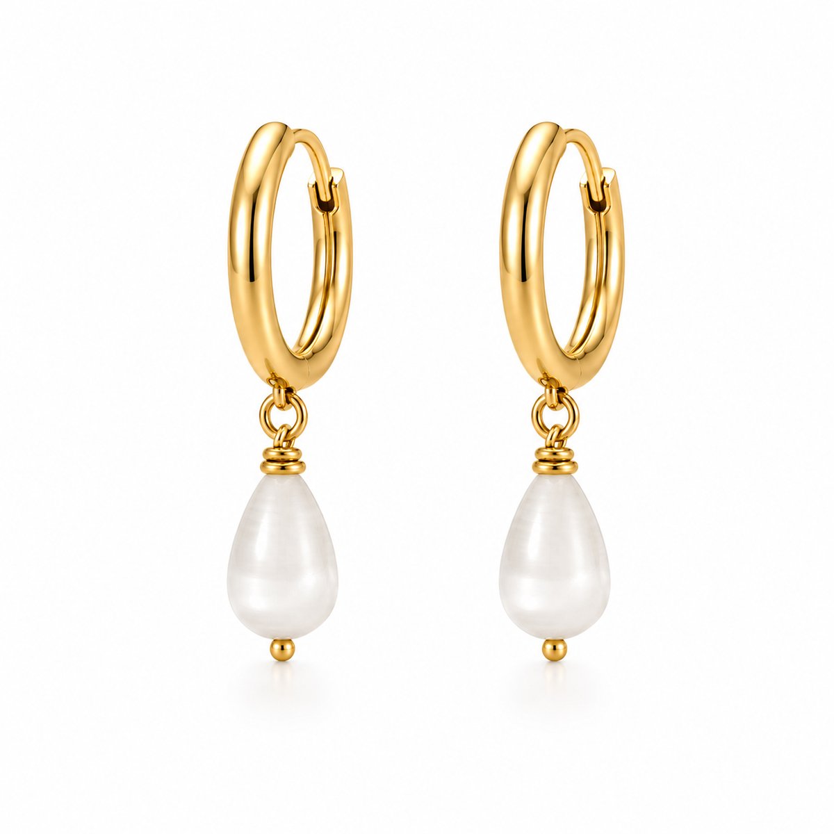 White Tear Drop Monalisa Bead Gold Hoop Earrings