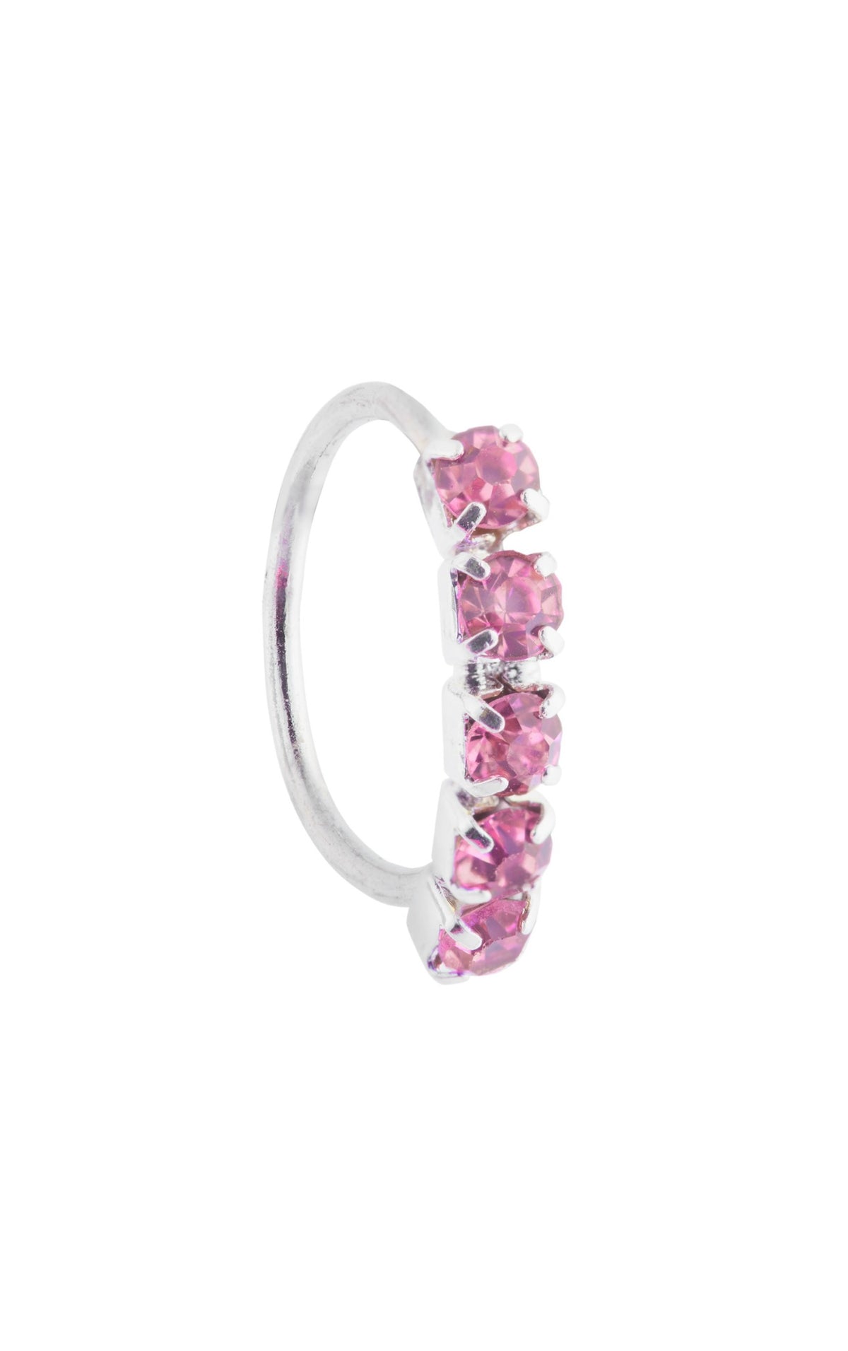 Silver 5 Pink Stone Nose Ring For Pierced Nose and Non Pierced Nose