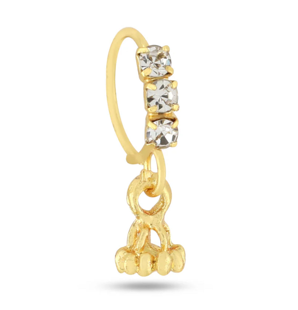 3 Stone Gold Crown Dangle Nose Ring For a Pierced Nose