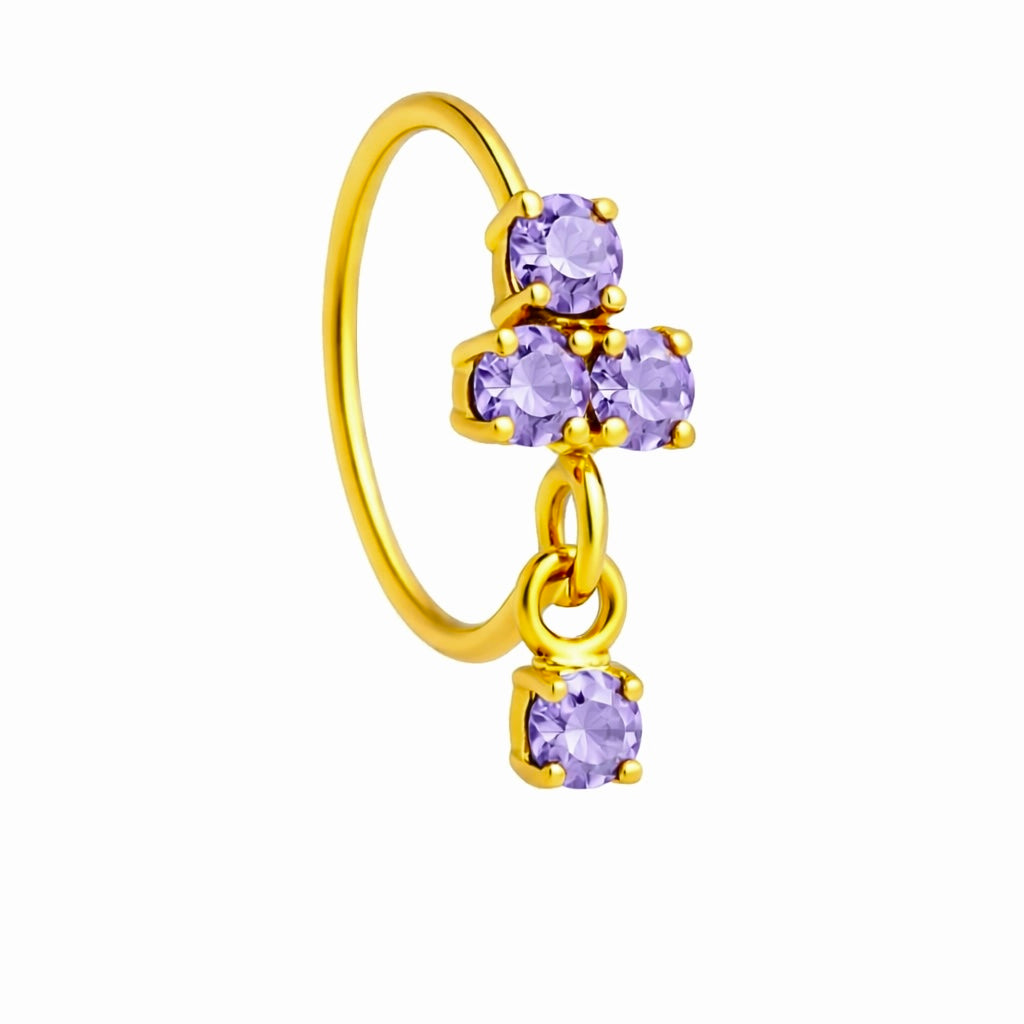 Lilac 3 Stone Dainty Gold Small Gem Dangle Nose Ring for a pierced nose