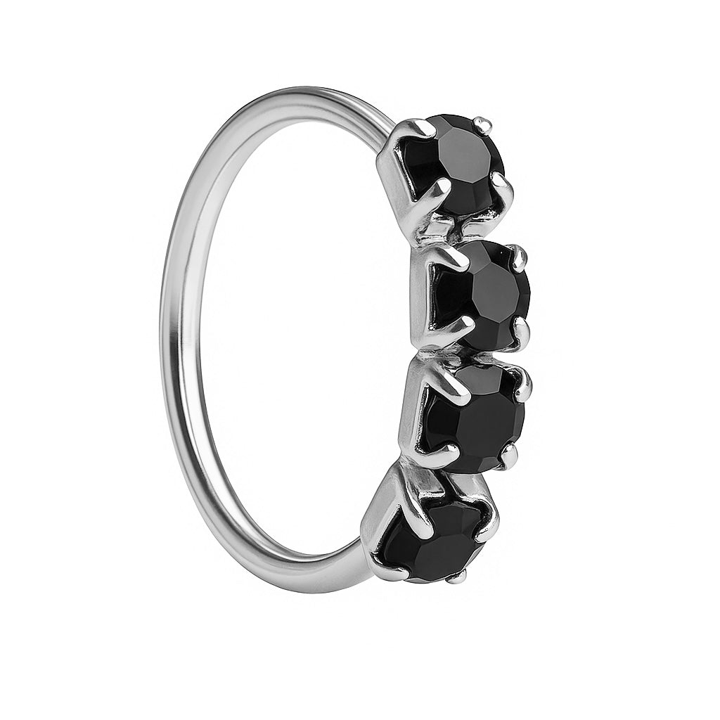 Black 4 Stone Silver Nose Ring for Pierced and Non Pierced Nose