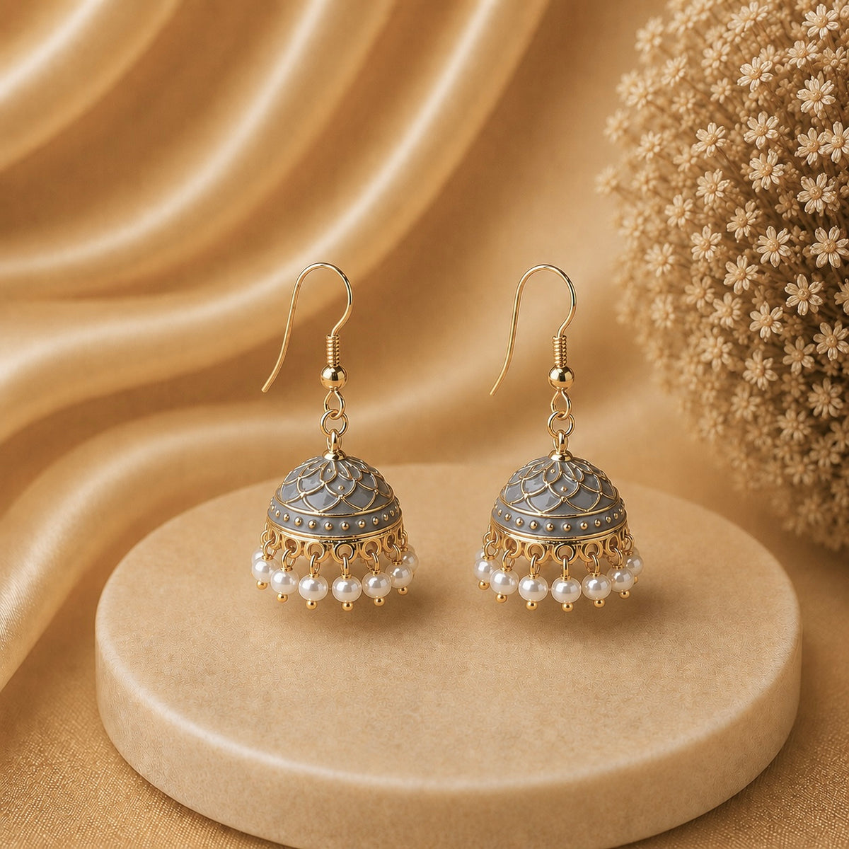 Pearl Grey Hand Painted Jhumka Hook Dangle Earring