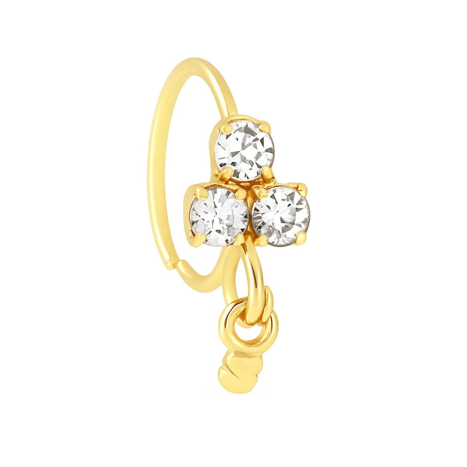 3 Stone Dainty Ball Dangle Gold Nose Ring for a pierced nose