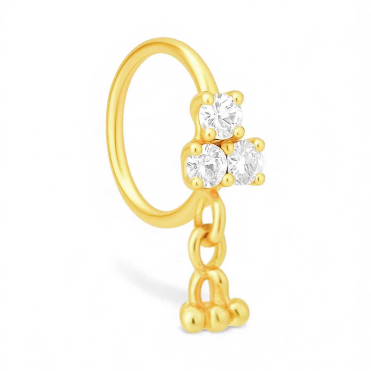 3 Stone Dainty Crown Dangle Gold Nose Ring for a pierced nose