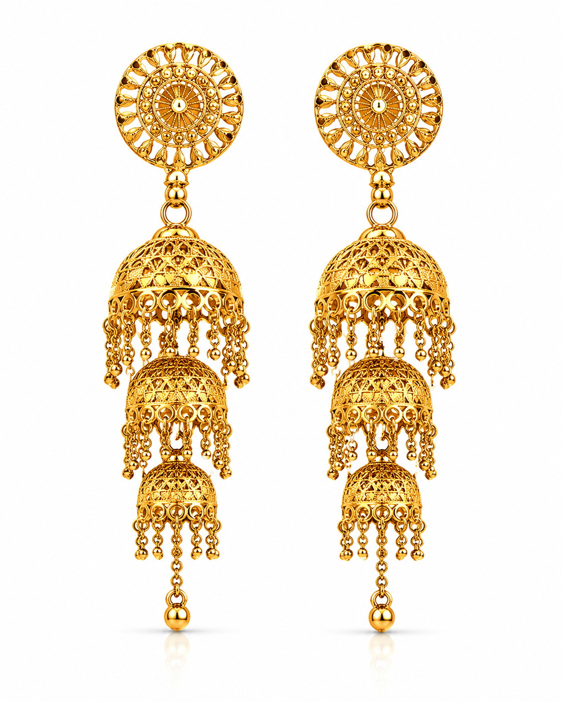 Gold Plated Triple Long Thin Pin Dangle Jhumka Earrings