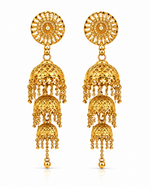 Gold Plated Triple Long Thin Pin Dangle Jhumka Earrings