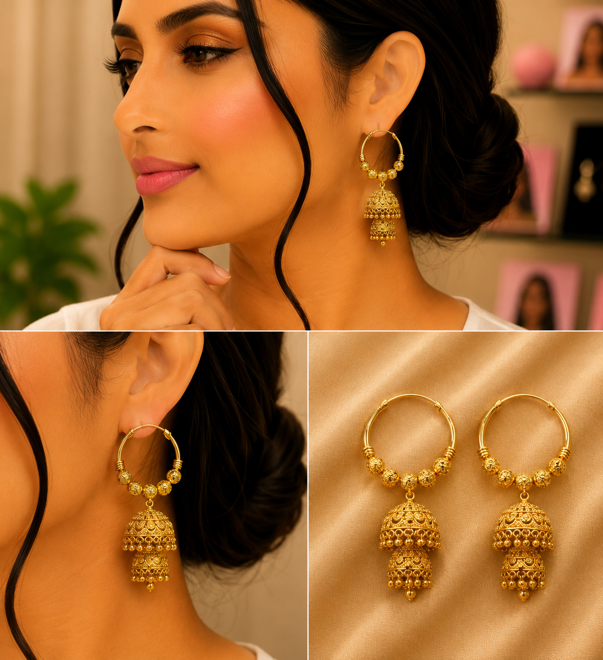 Gold Plated Collection Jhumka Earrings Large Round Hoop Double Dangle