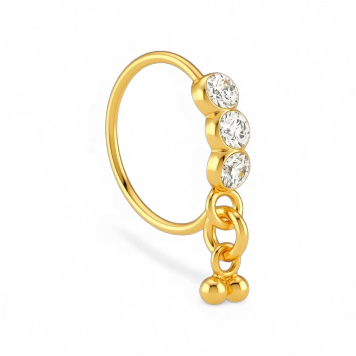 3 Stone Rounded Ball Dangle Gold Nose Ring for a Pierced Nose