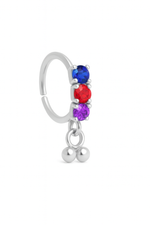 Alternating coloured stones 3 Stone Silver Ball Dangle Nose Ring For a Pierced Nose
