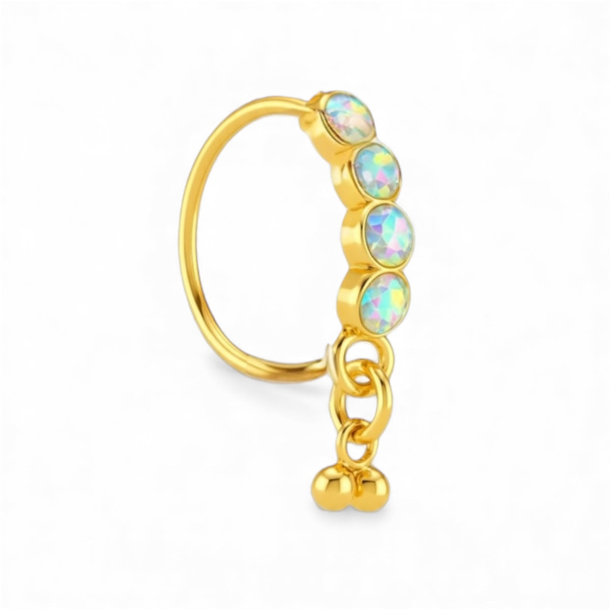 Rainbow 4 Stone Rounded Ball Dangle Gold Nose Ring for a Pierced Nose