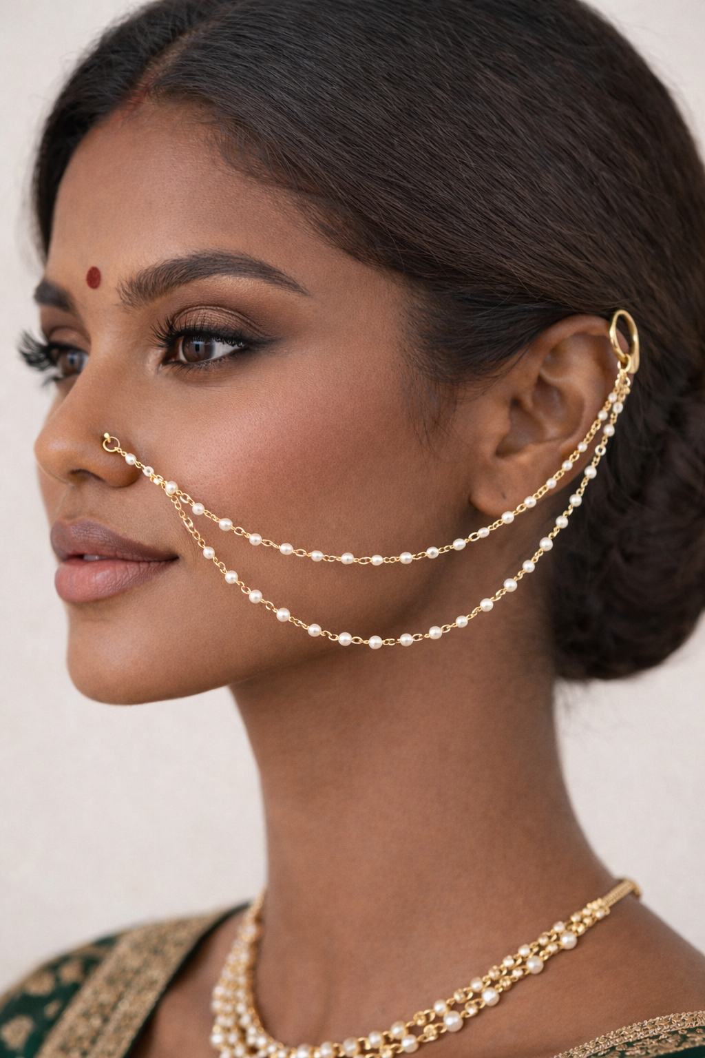Double Pearl Gold Nose Chain