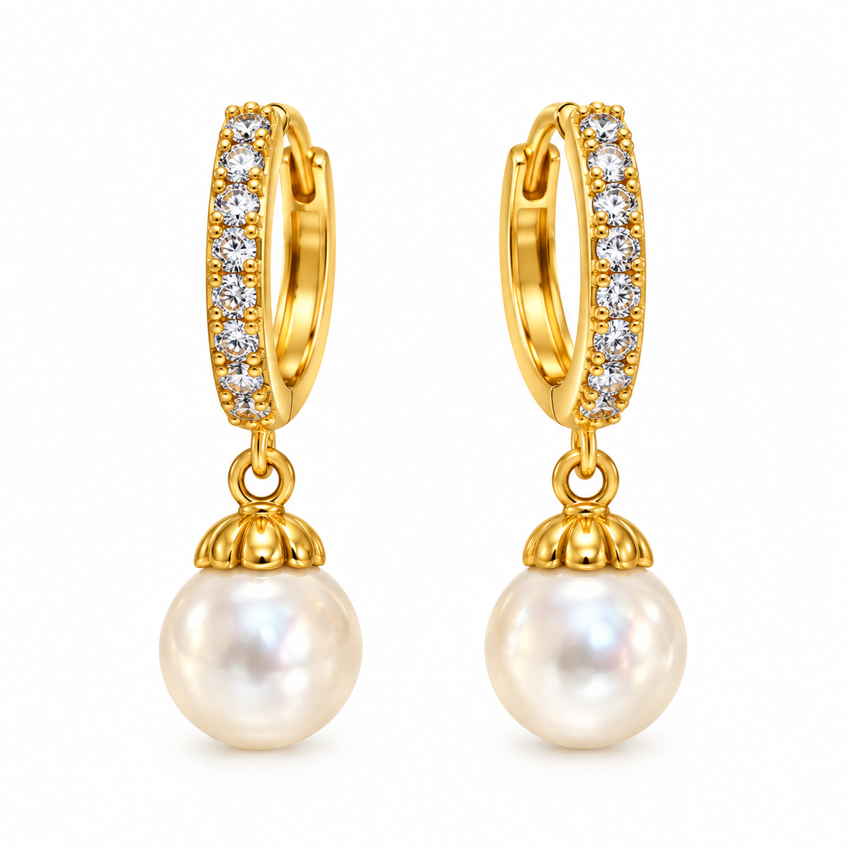 White Pearl Stone Hoop Gold Hoop Earrings