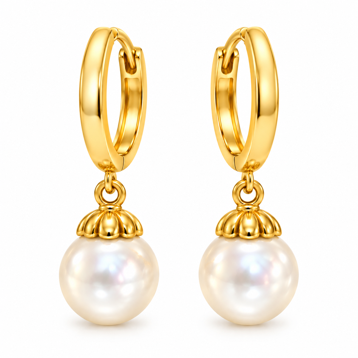 White Pearl Plain Hoop Gold Hoop Earrings