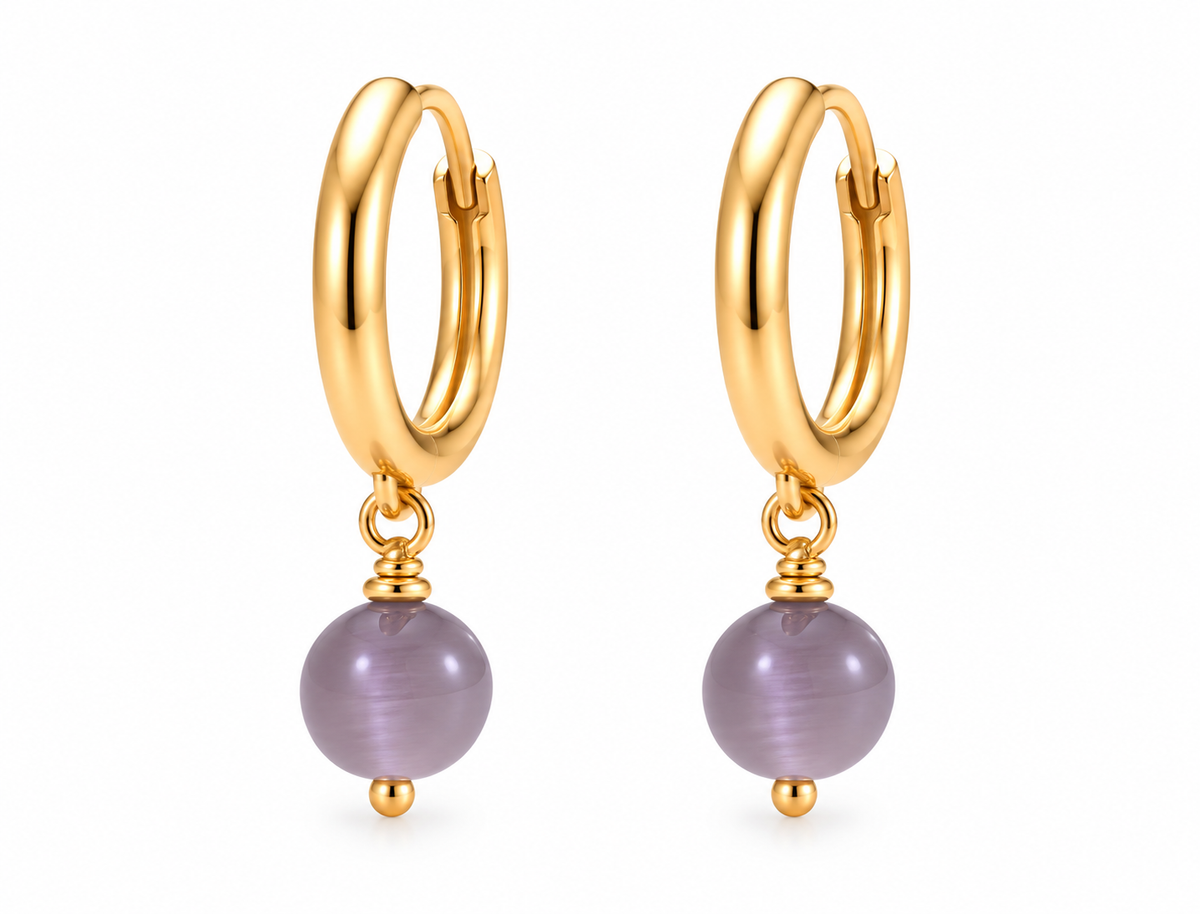 Lavender Round Monalisa Bead Gold Hoop Earrings