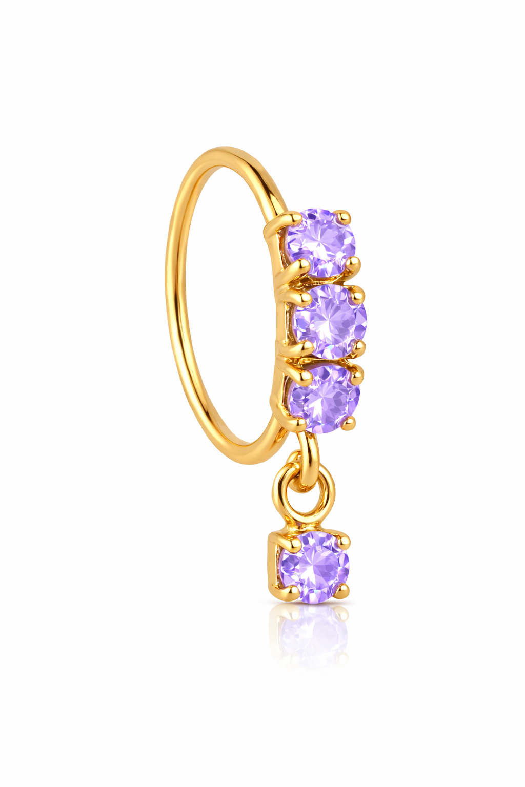 Lilac 3 Stone Dangle Gold Nose Ring For a Pierced Nose