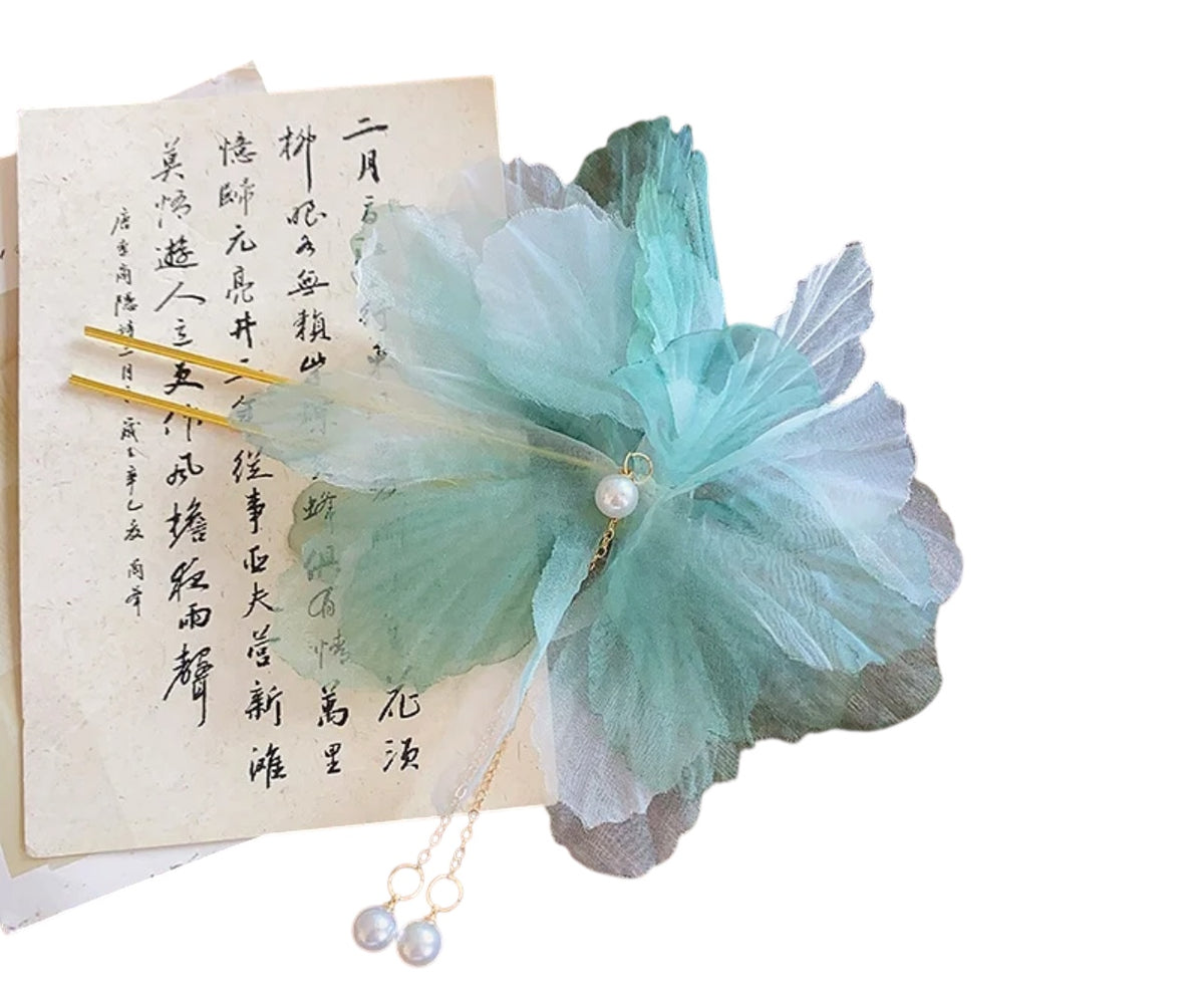 Green coloured U Hairpin Pearl Tassel Chiffon Flower Updo Hairpin Hair Accessories