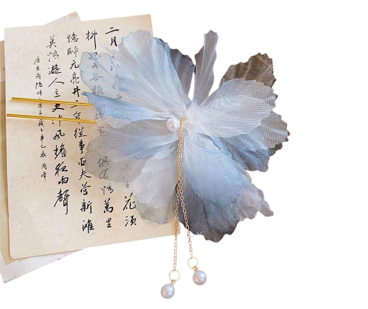 Ink coloured U Hairpin Pearl Tassel Chiffon Flower Updo Hairpin Hair Accessories
