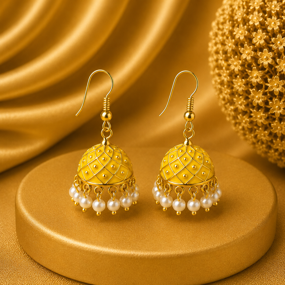 Mini Yellow Hand Painted Jhumka Hook Dangle Earring