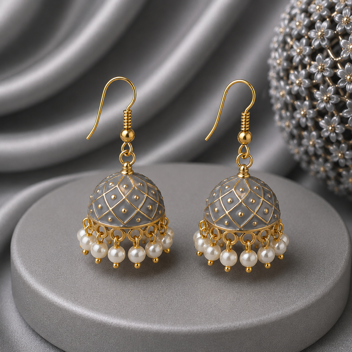 Mini Grey Hand Painted Jhumka Hook Dangle Earring