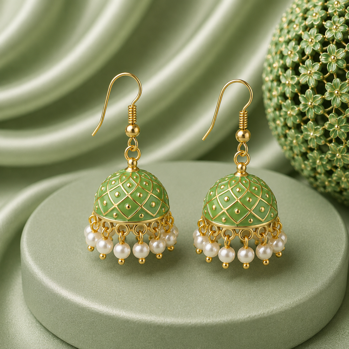 Mini Light Green Hand Painted Jhumka Hook Dangle Earring