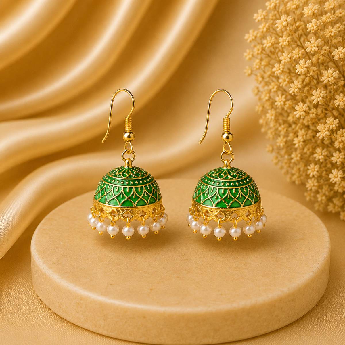 Classic Emerald Green Hand Painted Jhumka Hook Dangle Earrings