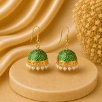 Classic Emerald Green Hand Painted Jhumka Hook Dangle Earrings