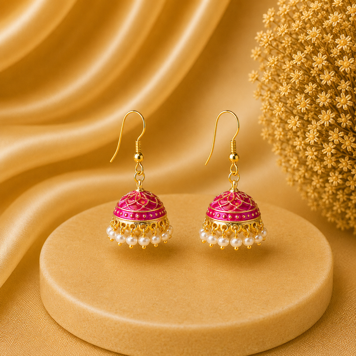 Pearl Hot pink Hand Painted Jhumka Hook Dangle Earring