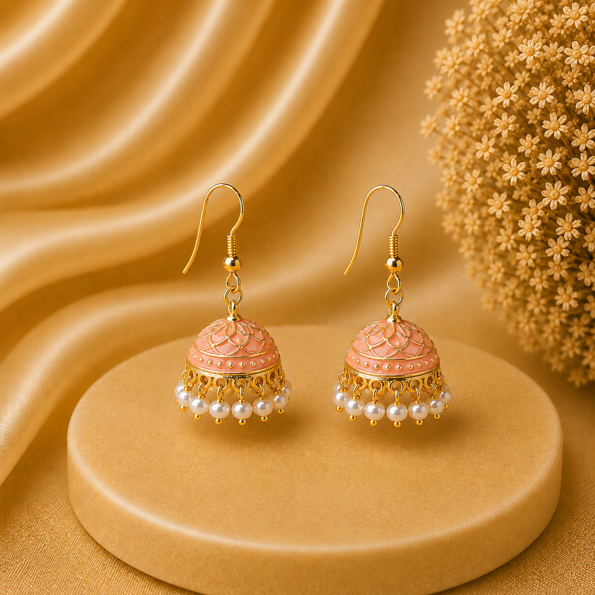 Pearl Peach Hand Painted Jhumka Hook Dangle Earring