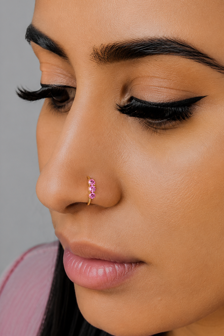 Raspberry 3 Stone Gold Nose Ring For Pierced And Non Pierced Nose