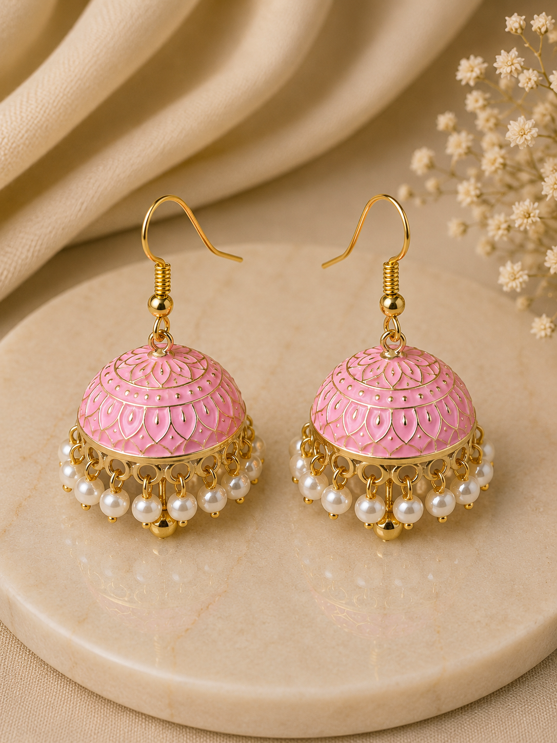 Classic Pretty in Pink Hand Painted Jhumka Hook Dangle Earring