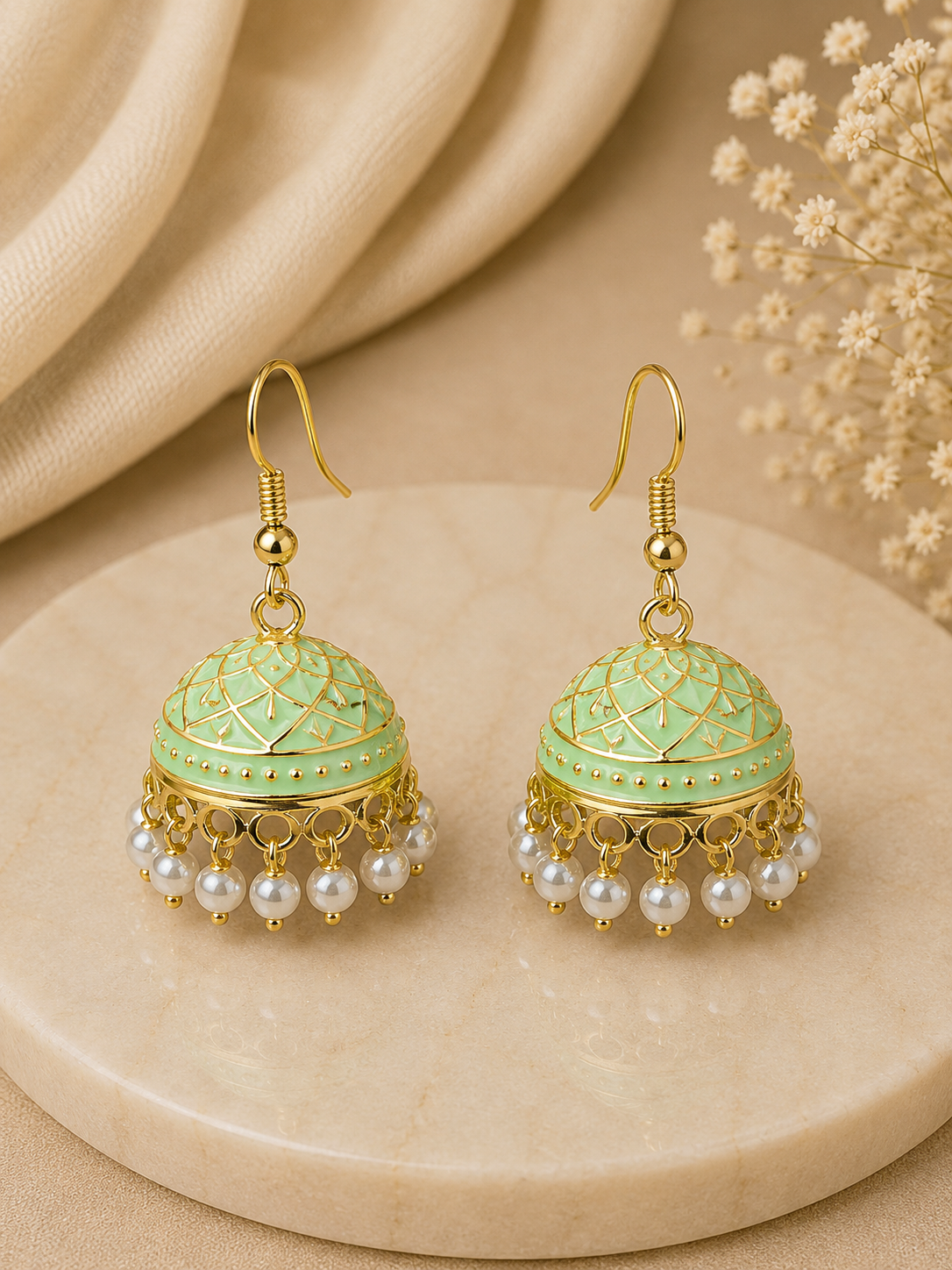 Pearl Pastel Green Hand Painted Jhumka Hook Dangle Earring