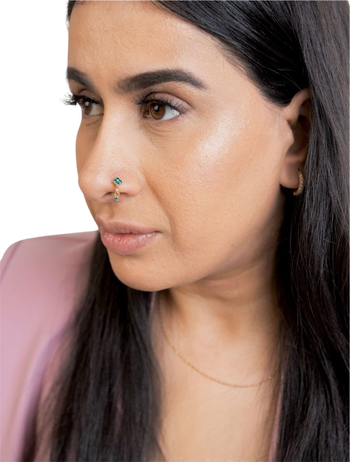 Teal Square Small Gem Dangle Gold Nose Ring For Pierced Nose