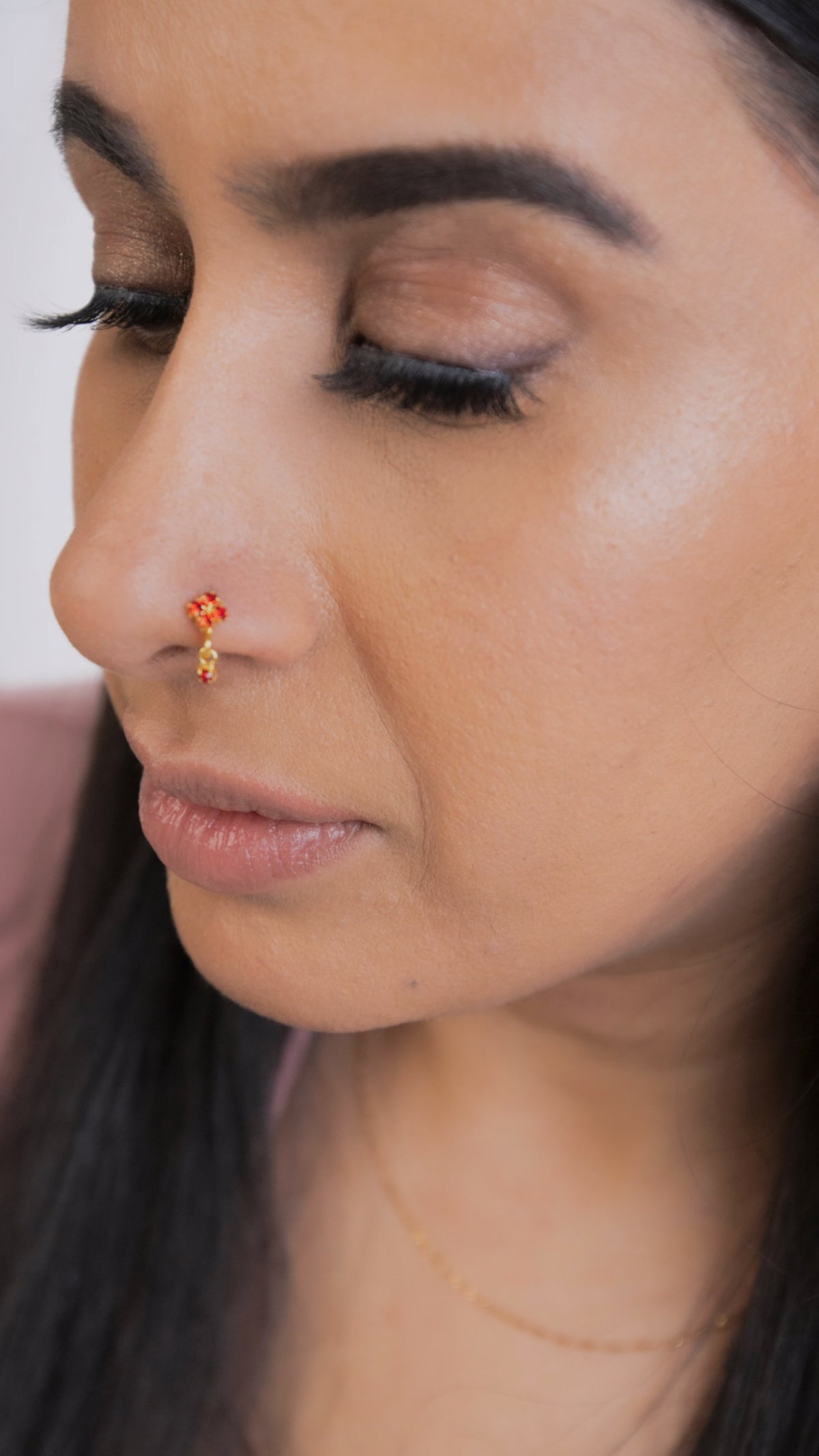 Red Square Small Gem Dangle Gold Nose Ring For Pierced Nose