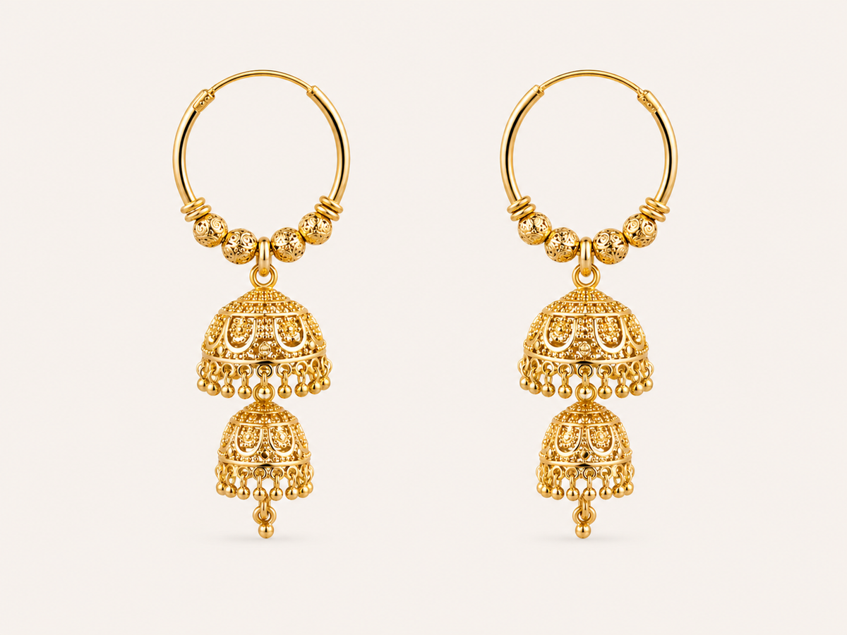 Large Round Hoop Double Dangle Gold Plated Jhumka