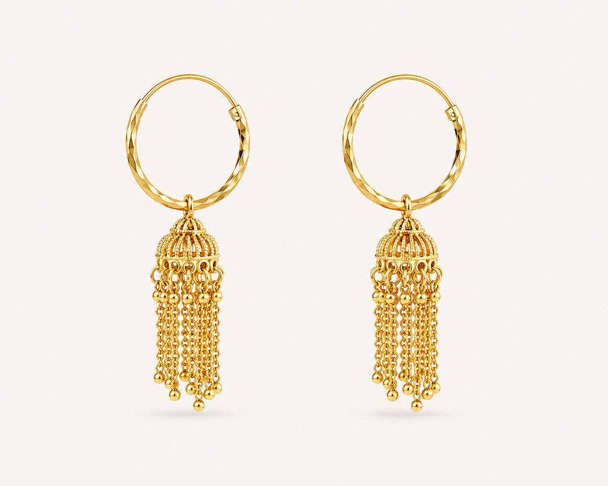 Medium Round Hoop Chain Dangle Gold Plated Jhumka Earrings