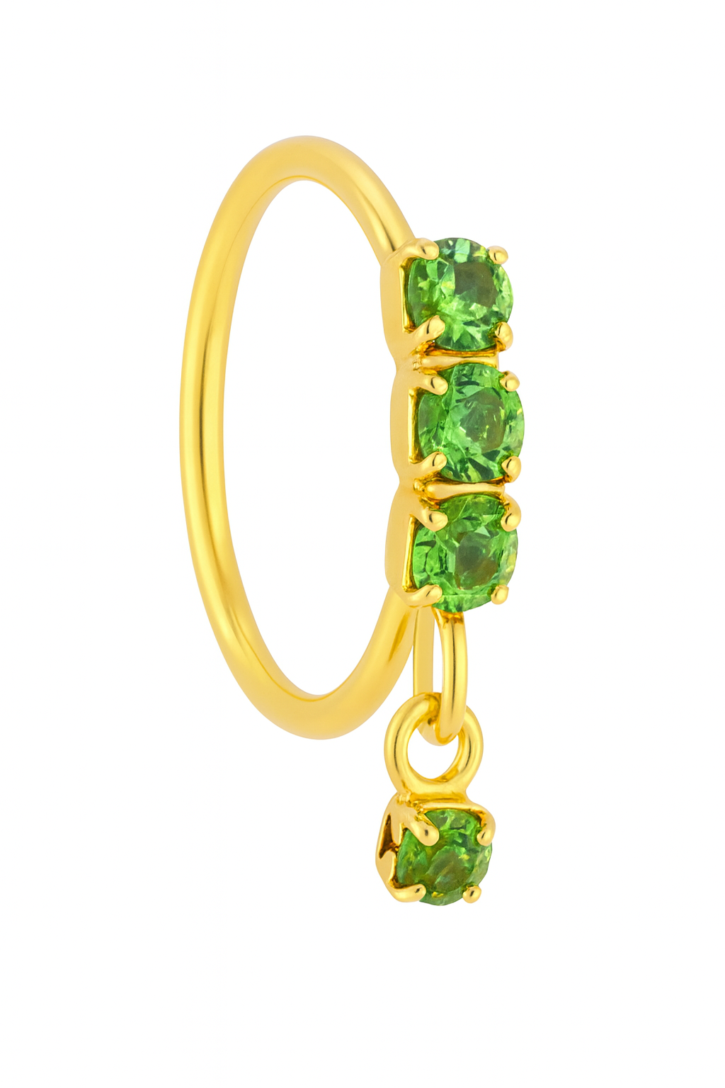 Green 3 Stone Thick Gold Dangle Nose Ring For a Pierced Nose