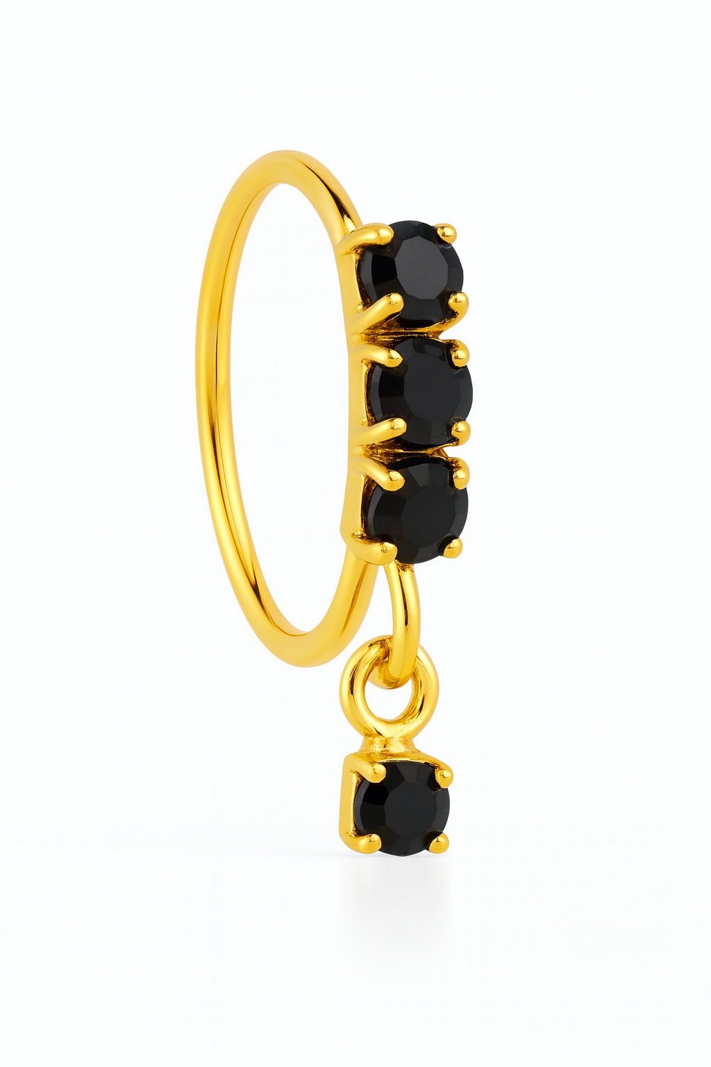 Black 3 Stone Dangle Gold nose ring for a pierced nose