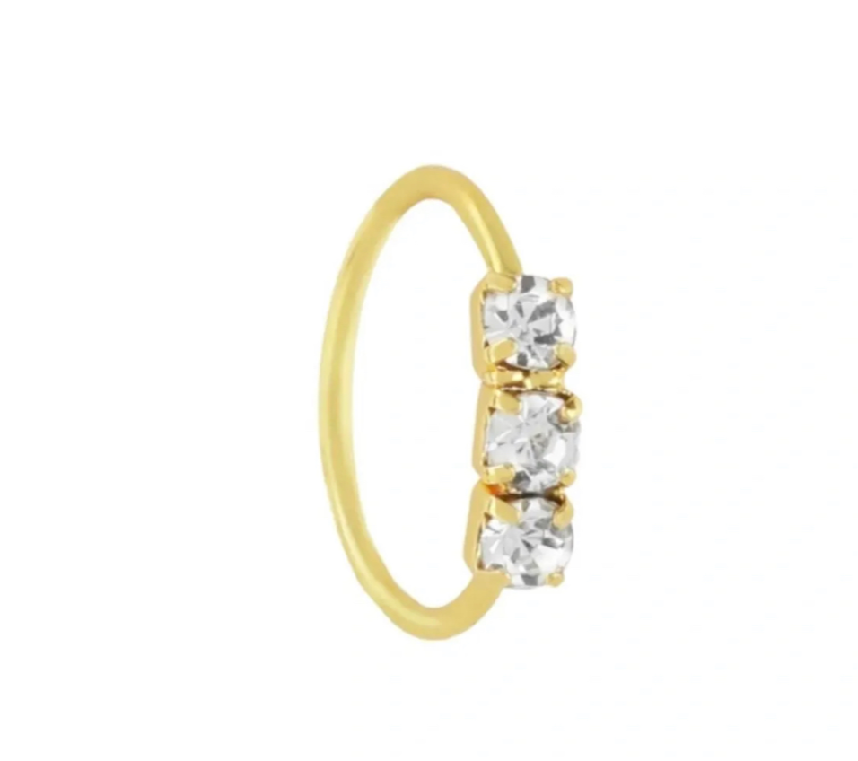 3 Stone Gold Nose Ring for Pierced & Non Pierced Nose